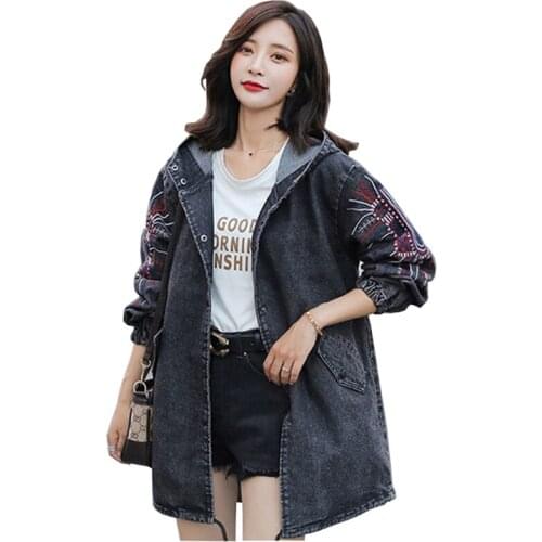 Hooded Denim Trench Coat Women Spring Autumn Clothing Fashion Embroidery Casual Top Female Plus size M-5XL Jeans Outerwear G656