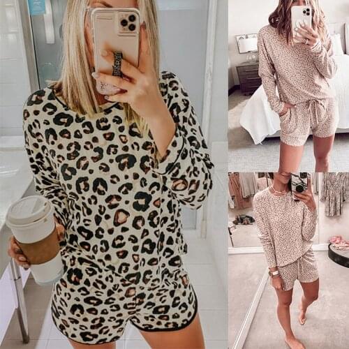Ladies Casual Two-Piece Fashion Personality Leopard Print Long Sleeve Round Neck Pullover Top High Waist Shorts Suitabler Home