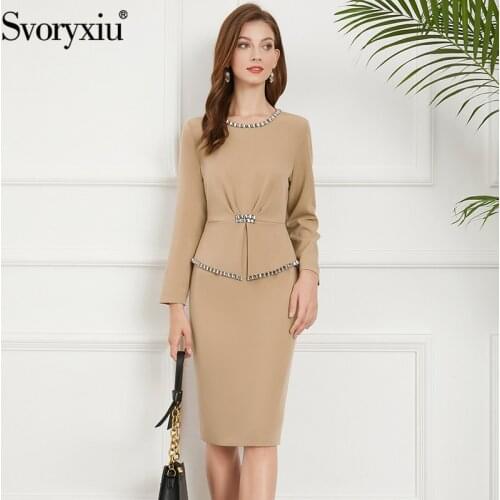 Svoryxiu Fashion Autumn Woman Elegant Knee-Length Pencil Dress Crystal Diamond O-Neck Solid Slim Party Evening Party Dresses