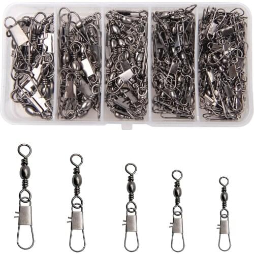 150Pcs/Box Barrel Fishing Swivel With Safety Snap Fishing Lure Line Connector Snap Swivels Solid Ring Fishing Tackle Accessories