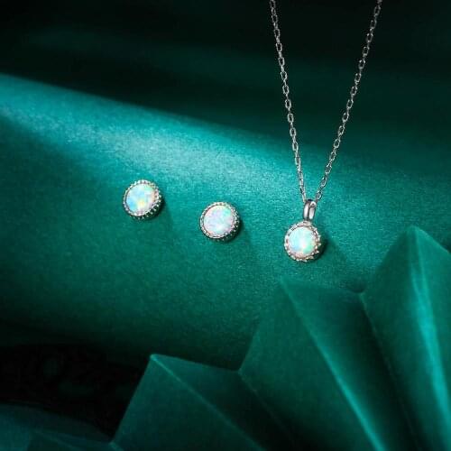 925 Sterling Silver Round Necklace Earrings For Women Opal Jewelry Set Wedding Party Accessories Femme Kpop Fashion Gift