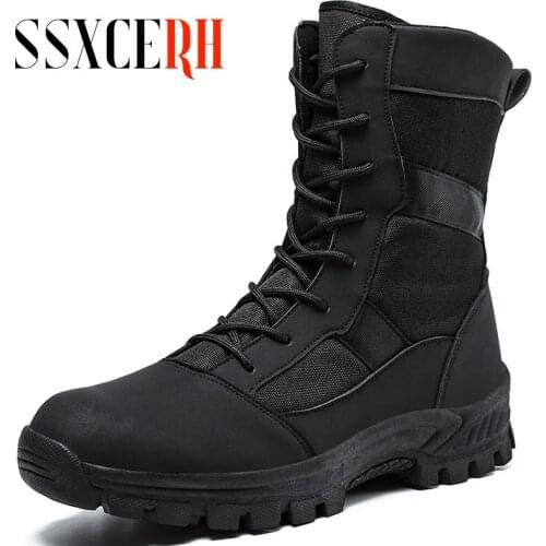 Autumn Military Tactical Boots For Men Leather Outdoors Round Toe Sneakers Men Combat Desert High Ankle Boots Black Casual Shoes