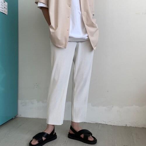 Men Pleated Straight Pants Fashion Solid Color Elastic Waist Casual Streetwear Loose Japanese Style Trousers