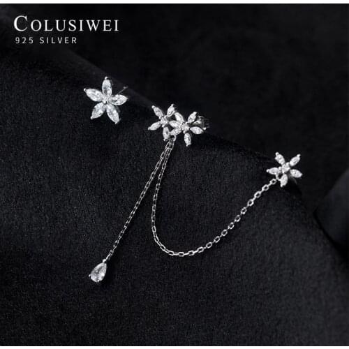 Colusiwei Dazzling Clear CZ Bloom Flowers Asymmetry 925 Sterling Silver Clips Earring for Women Fine Jewelry Without Pierced Ear