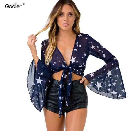 Godier Summer Cardigan Chiffion Blouse Sexy V Neck Star Print Casual Summer Tops Fashion 2020 Womens Shirts Woman Clothes