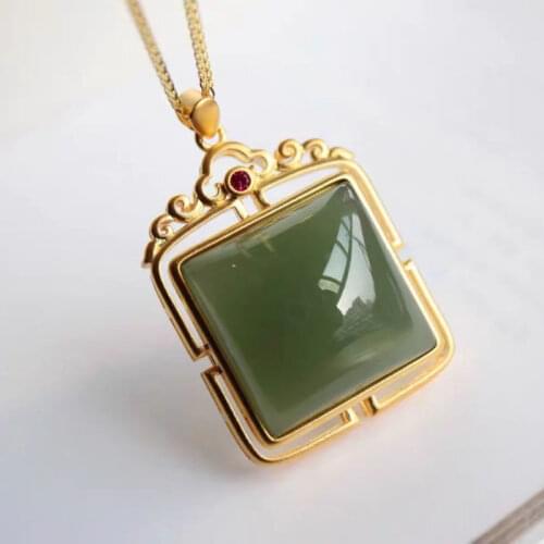 Natural Hetian Jade Lucky Pendant Sweater Chain S925 Sterling Silver Inlaid Ancient Gold Craft Retro Gray Jade Clavicle Necklace