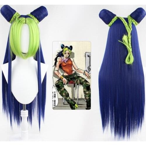 Jolyne Cujoh JoJos Bizarre Adventure Golden Wind Kujo Green Synthetic Wig Long Version Buns Braids +Free wig cap