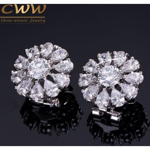 CWWZircons AAA+ Sparkling White CZ Big Round French Clip Stud Summer Flower Earrings For Women Zirconia Jewelry CZ334