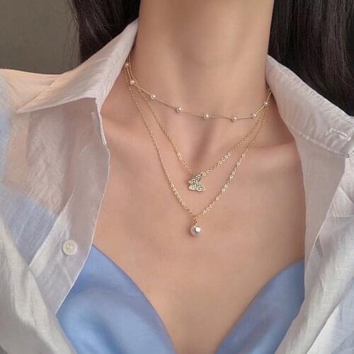 Trendy Multilayered Butterfly Pearl Necklace For Women Fashion Sun Star Gold Pearl Choker Necklaces 2021 Fashion Jewelry Girl