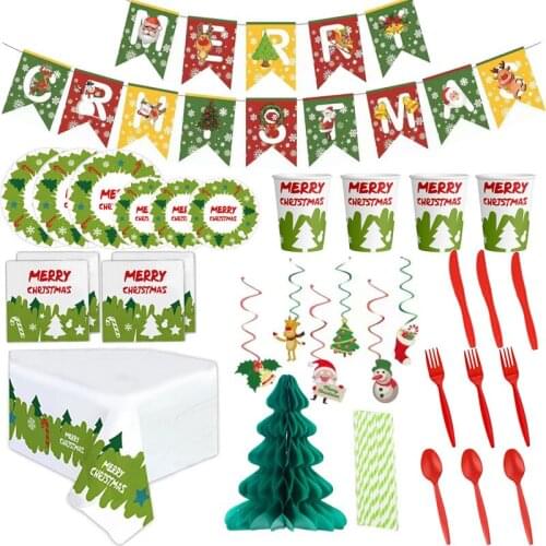 Christmas Theme Party Disposable Tableware Set Paper Cup Plate Banner Green Christmas Tree Honeycomb Decoration Holiday Party