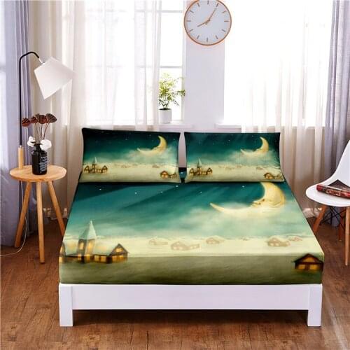 Moonlight Digital Printed 3pc Polyester Fitted Sheet Mattress Cover Four Corners with Elastic Band Bed Sheet Pillowcases