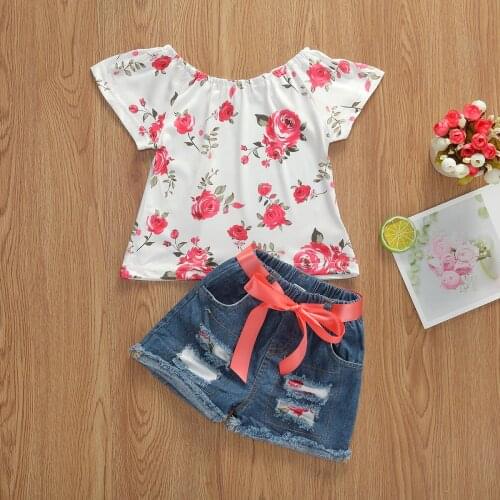 1-6Y Summer Baby Girls Clothes Sets 2pcs Flowers Print Ruffles Short Sleeve T Shirts Tops+Denim Shorts