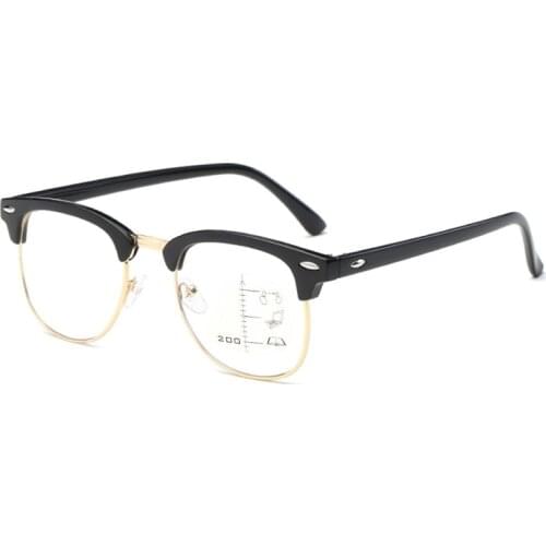 Progressive Multifocal Reading Glasses for Women Men Vintage Rivets Semirim Frame Presbyopia Spectacles Look Near Far Eyeglasses