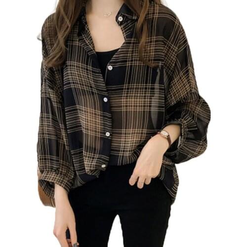 Одежда для женщин Plaid Shirts Women Batwing Sleeve Chiffon Blouses Casual Chemise Femme Top Plus Size Tartan Blusas Mujer M-4XL
