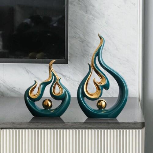 Modern Ceramic Abstract Green Flame With Gold Ball Statue Tabletop Art Crafts Fengshui Figurines Miniatures Home Decoration