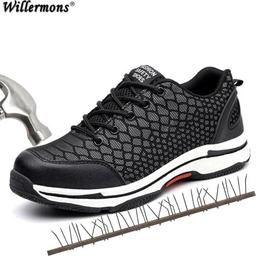 New Mens Outdoor Night Lighting Steel Toe Protective Work Boots Shoes Men Construction Breathable Puncture Proof Safety Shoes