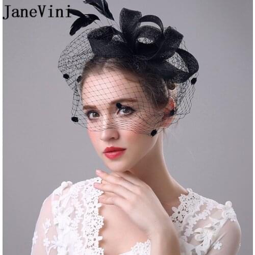 JaneVini Holiday Wedding Hat Feather Fascinators for Women Elegant Birdcage Veil Hair Headband Prom Party Chapeau Fleur Mariage