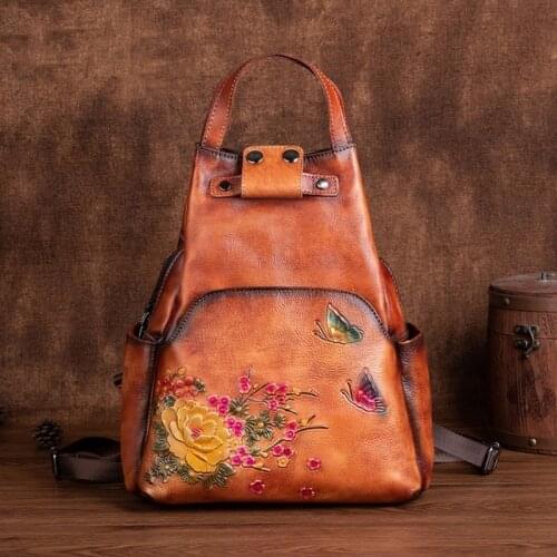Retro Floral Backpack Women Genuine Leather Bag Rucksack Female Knapsack Travel Backpacks Shoulder School Bags Mochila Back Pack