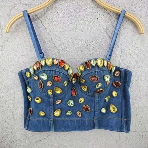 2021 Summer New Blue Sexy Nail Bead Gem Denim Navel Vest Diamonds Spaghetti Strap Sexy Vintage Top Vestios