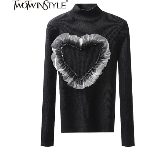TWOTWINSTYLE Slim Black Patchwork Heart Mesh Sweater For Women Round Neck Long Sleeve Fashion Womens Sweaters Autumn 2021 Style