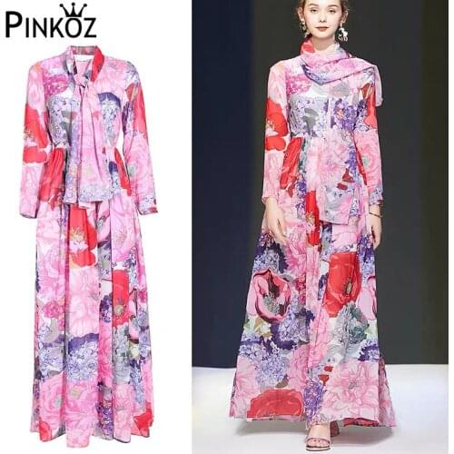 Pinkoz Floral Print Wrist Sleevel Long Maxi Boho Dress Lady Dress Red Flower Chiffon Luxury Dreeses Casual vestido de mulher