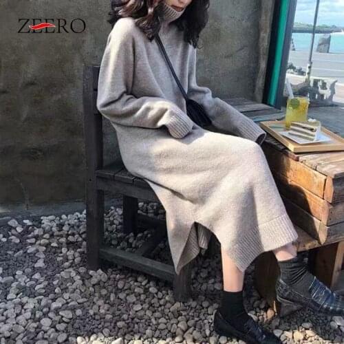 Autumn Women Long Sleeve Knitting Turtleneck Loose Straight Dress Elegant Female Casual Winter Side Split Midi Sweater Dresses