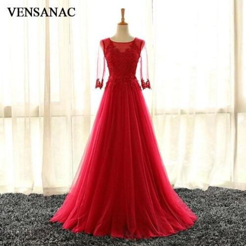 VENSANAC 2017 New A Line Lace Appliques O Neck Long Evening Dresses Elegant Half Sleeve Embroidery Sash Chiffon Party Prom Gowns