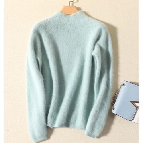 2020Womens Mink Cashmere Sweaters half turtleneck full sleeves short casual thick sweater solid soft warm winter pullover