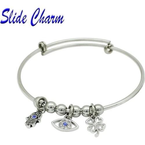 Free Shipping 2018 New Stainless Steel Bracelet Blue Crystal Demon Eye Clover Pendant Personality Women Fashion Charm Gifts