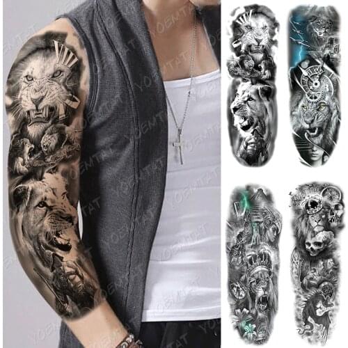 Large Arm Sleeve Tattoo Lion Warrior King Waterproof Temporary Tatto Sticker Lightning Crown Skull Body Art Full Fake Tatoo Men