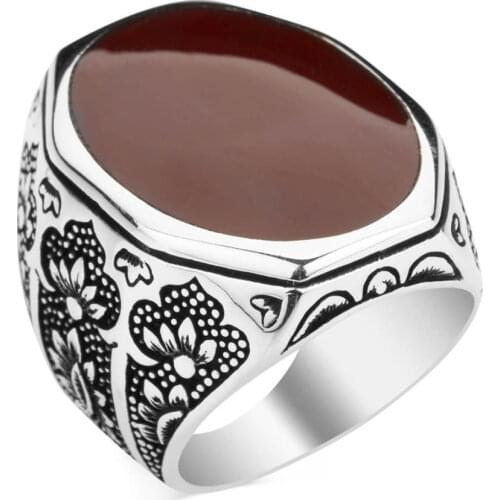 Claret Red Agate Stone Silver Ring Handcarved Turkish Jewelery Vintage Ottoman Motif Oval Men Ring