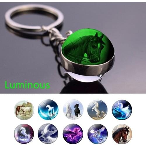 Horse Luminous Keychain Horse Head Keyring Double Face Glass Ball Key Chain Pendant Metal Keyring
