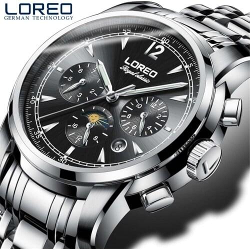 LOREO Black Mens Mechanical Watch 3 Dial Calendar Automatic Self-Wind Clock Sport Stainless Steel 50M Waterproof Wristwatch