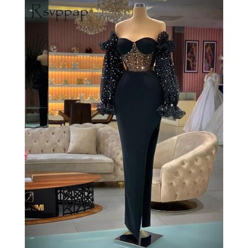Long Elegant Evening Dresses 2021 Off The Shoulder Skinny High Slit Black Sparkly Beaded Dubai Women Formal Party Gowns