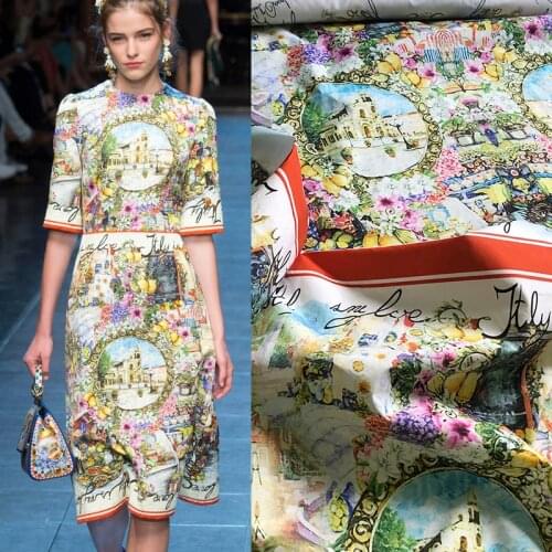 European Retro Landscape Castle Cotton Poplin Printed Fabric Cloth 145cm Width Custom Brand Clothing Shirt Fabric for Dress