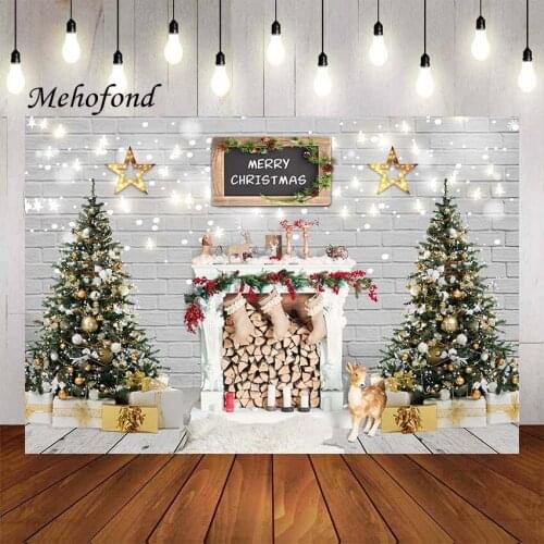 Mehofond Merry Christmas Photography Background Brick Wall Fireplace Glitter Kids Birthday Party Portrait Backdrop Photo Studio