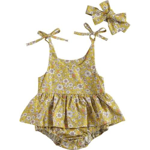 Baby Girls Floral Print Romper Dress Casual Suit Round Neck Elastic Lace-up Sling Romper Dress Bow Headband Jumpsuits