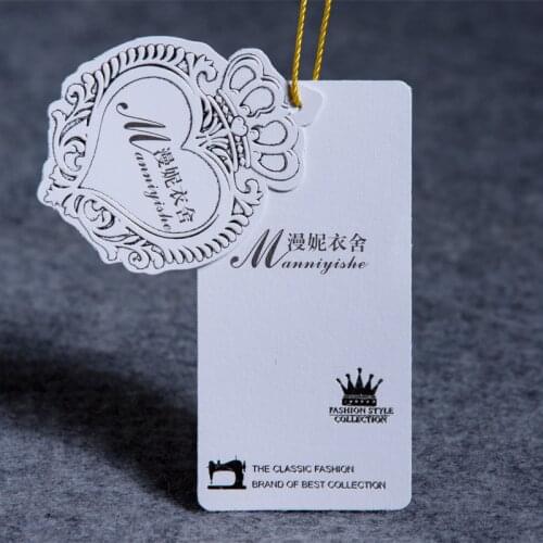 Custom brand name logo printing price tag for clothing garment tags bags jewerly luggage custom die cut shape gold stamping tag