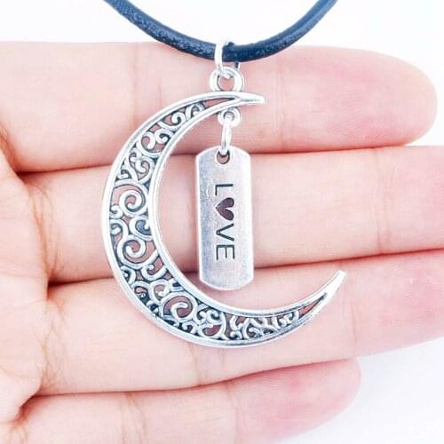 New fashion Crescent moon long love charm leather chain necklace women jewelry pendant necklace XY160244