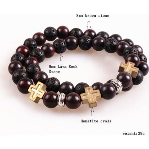 New Design fashion Mens Hematite Cross & 8mm Black Lava Stones Bracelet Fashion Jewelry