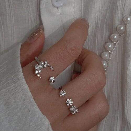 Origin Summer Exquisite Bling Bling Moon Star Ring for Women Trendy Cubic Zircon Open Adjustable Imitation Pearl Ring Jewelry