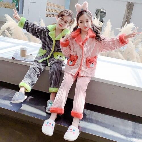 Autumn Winter Kids Pajamas Sets Long Sleeve Flannel Cardigan+Trousers Cartoon Stripe Warm Nightwear Home Service Cute Sleepwear