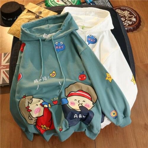 Autumn Women Hooded College Sweatshirts Kawaii Anime Printing Fashion Plush Vintage Clothes Aesthetic Long Sleeve Pullover Tops