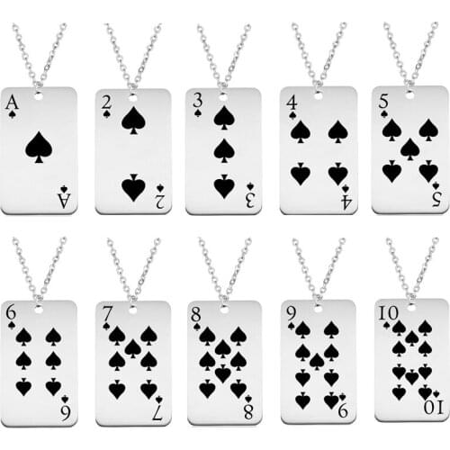 Spade Playing Card Pendant Necklace Stainless Steel Engraving Poker Punk Necklaces Women Men Fashion Jewelry 10 pcs/Lot