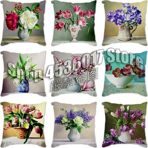 Cushion Clivia Peony Rose Tulip Pattern Cotton Linen Throw Pillow Cushion Cover Seat Car Home Sofa Bed Decorative Pillowcase
