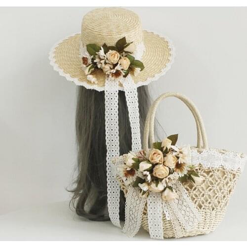 Hollow Woven Straw Bag 2021 Summer Beach Bags for Women Handmade Knitting Flower Lace Handbag Travel Vacation Totes with Sun Hat