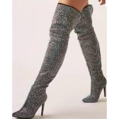 2019 Luxury Sliver Crystal Embellished Over The Knee Boots Stiletto Pointed Toe Black Long Boots Cool Nightclub Dress Shoes