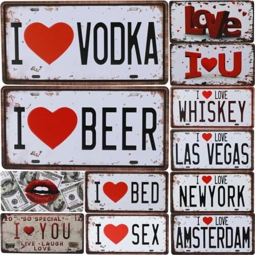 I Love Vodka Beer Plate Metal Plate Car Number Tin Signs Bar Pub Cafe Home Decor Metal Sign Man Cave Garage Painting Plaques C13