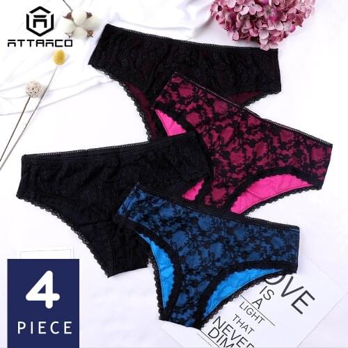 ATTRACO Womens Lace Hipster Underwear V String Panties Tanga Briefs Geometric Cotton skin-friendly comfortable 4 Pack