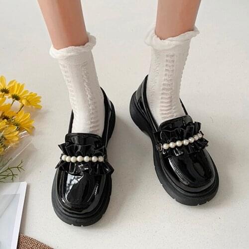 Women Platform Shoes Pearls High Heels Patent Leather Slip on Shoes Thick Sole Loafers Ruffles Lolita Shoes zapatos mujer 9261L